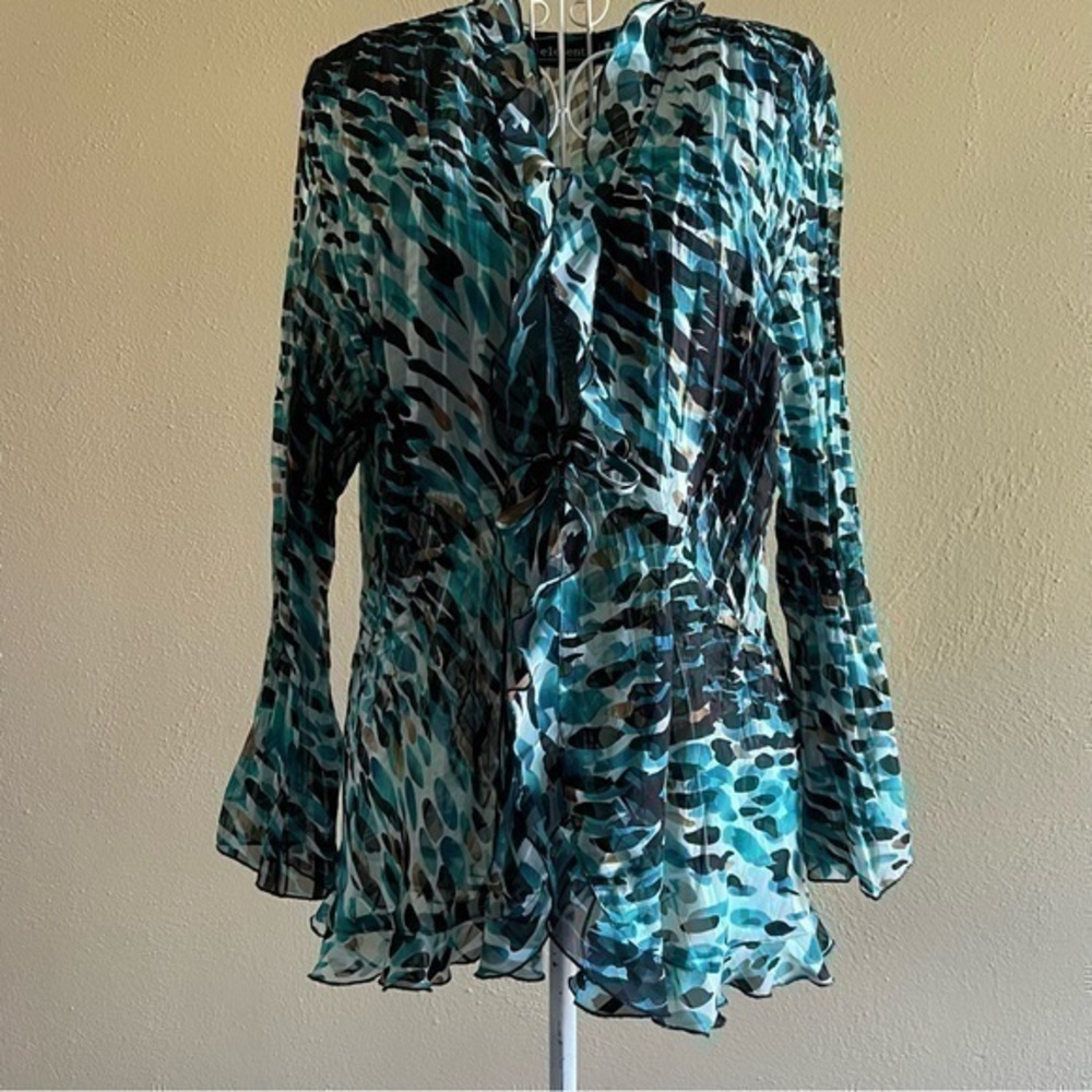 Elementz turquoise, black, white & tan over-blouse, sheer. Size XL. Like new.